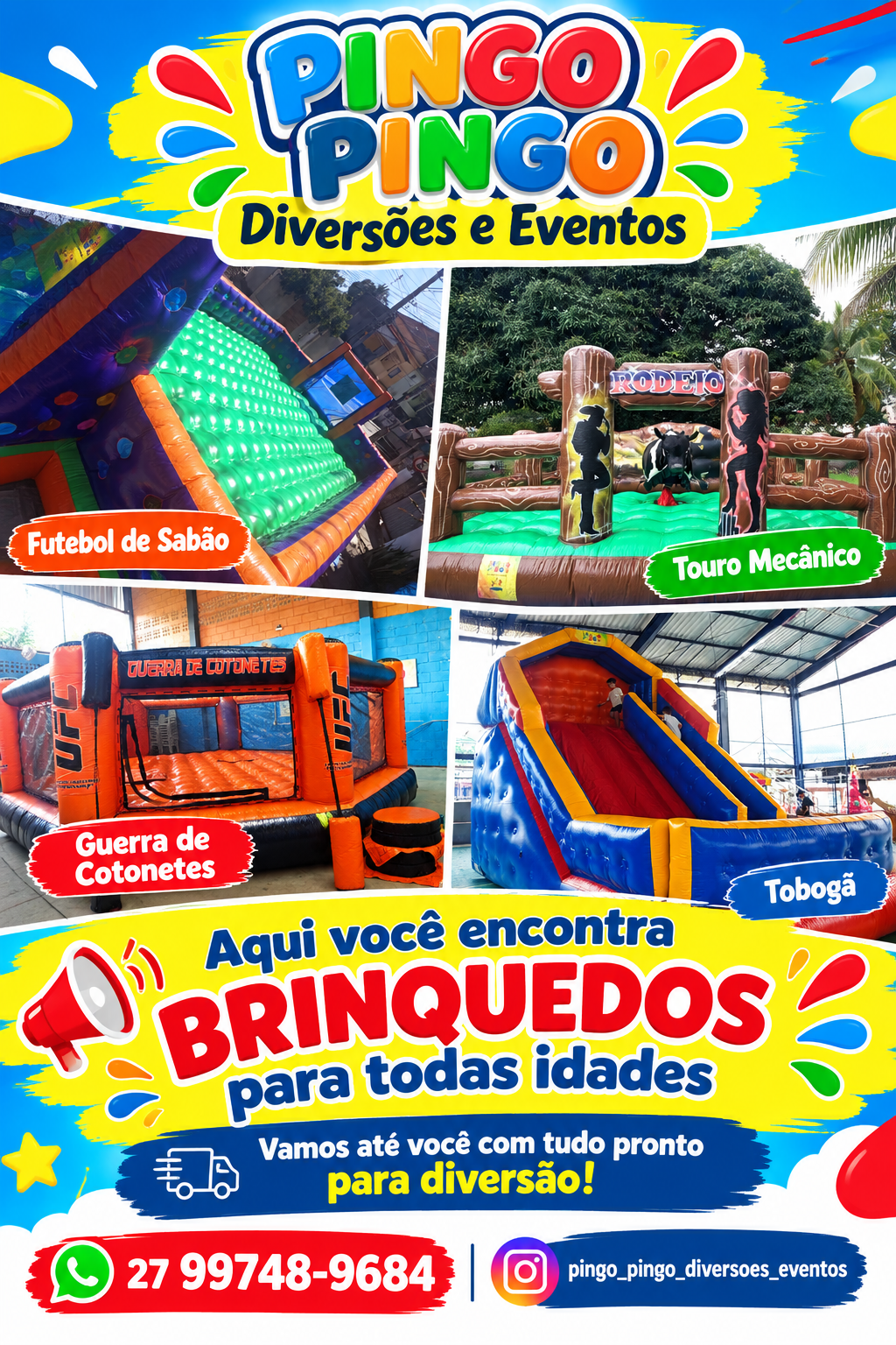 Touro Mecânico, Futebol de Sabão, Guerra de Cotonetes Ringue, Tobogã Grande, Pula Pula, Algodão Doce, Tobogã Com Piscina de Bolinha, Pipoca
